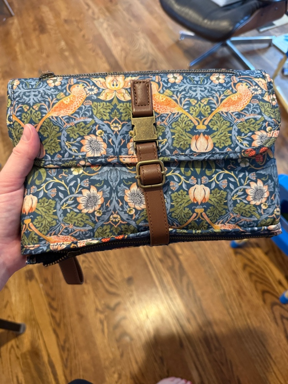 Kids Bird & Floral Toiletry Bag with Brown Strap